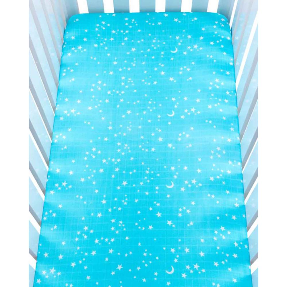 Theoni Starry Nights Fitted Crib Sheet - 100% Organic Cotton Muslin Cot Sheet, Super Soft, Breathable, Smooth, Absorbent, Twill Fabric For Infants, Newborns, Babies & Toddlers