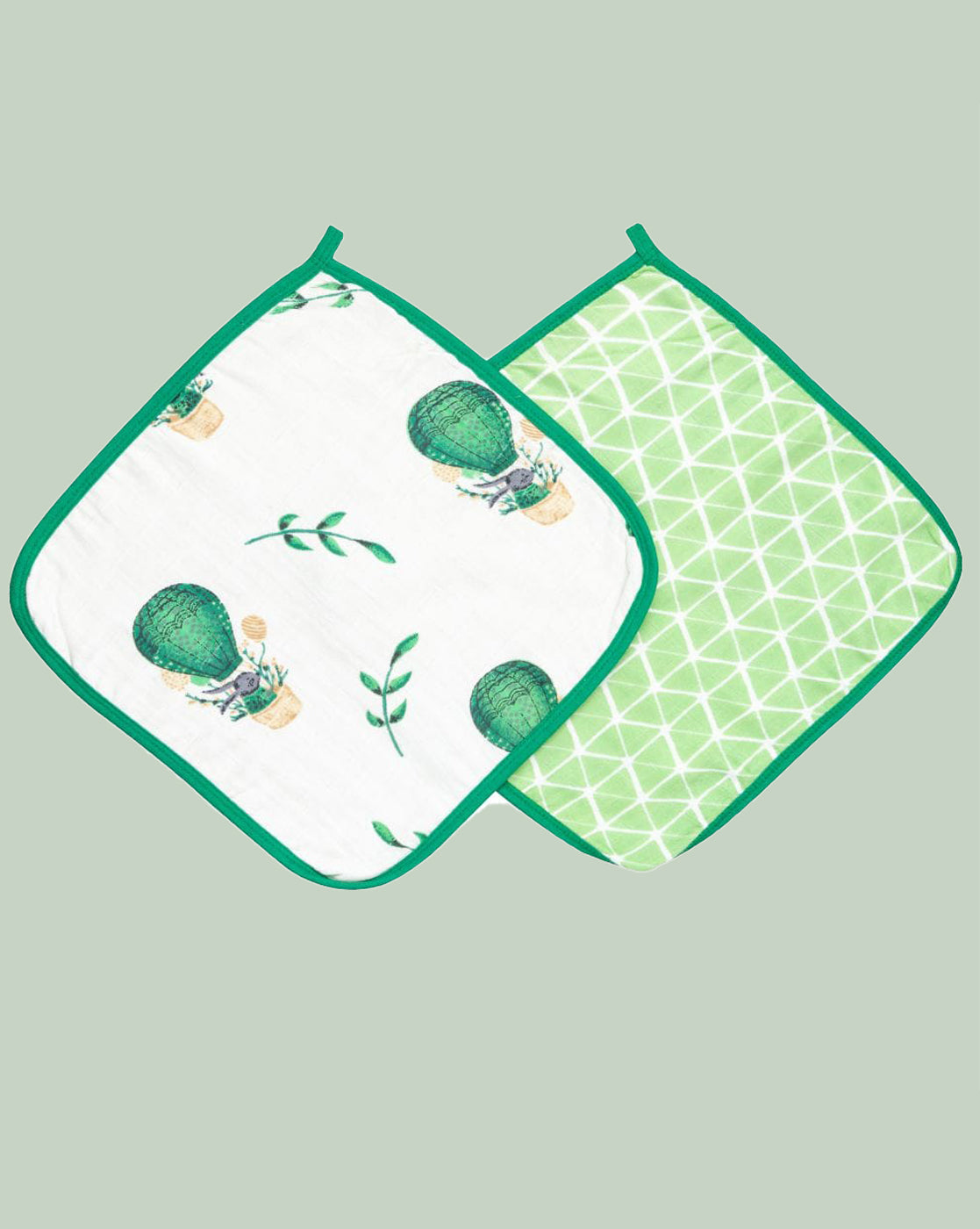 Theoni Cappadocia Dreams green 100% Organic Cotton Muslin Washcloth (Set of 2) for Baby Face, Body Comfy and Soft for Newborn, Infants, Kids, Girls and Boys