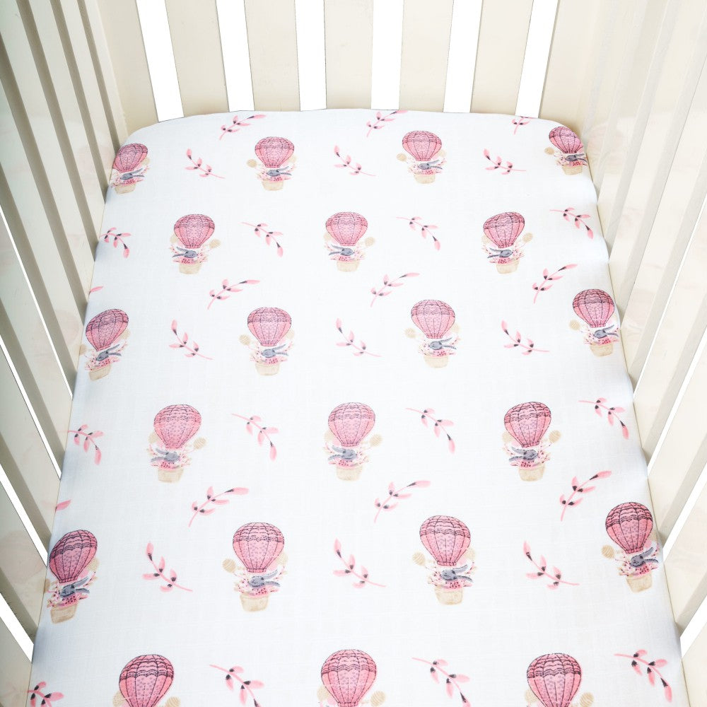 Theoni Cappadocia Dreams Pink Fitted Crib Sheet - 100% Organic Cotton Muslin Cot Sheet, Super Soft, Breathable, Smooth, Absorbent, Twill Fabric For Infants, Newborns, Babies & Toddlers