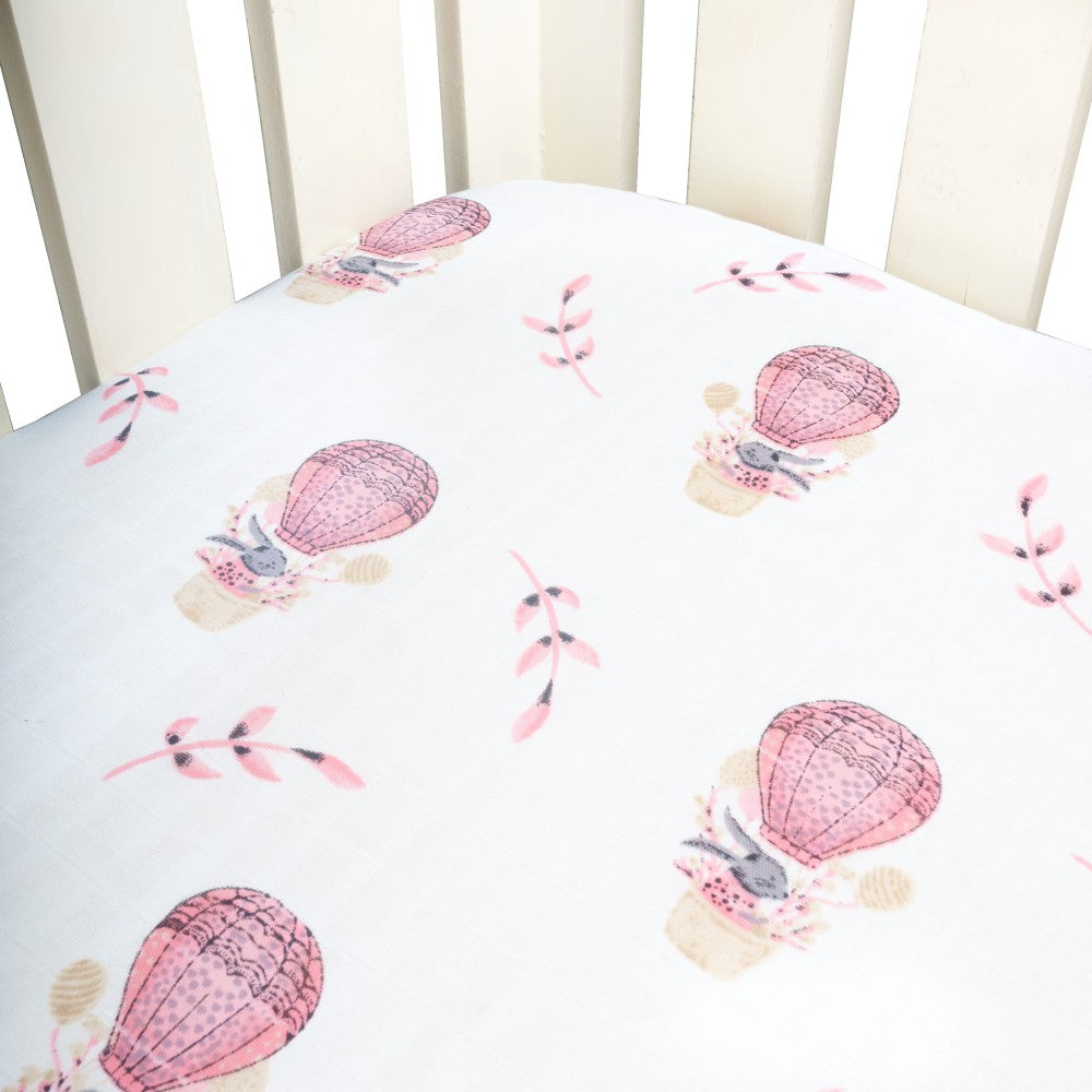 Theoni Cappadocia Dreams Pink Fitted Crib Sheet - 100% Organic Cotton Muslin Cot Sheet, Super Soft, Breathable, Smooth, Absorbent, Twill Fabric For Infants, Newborns, Babies & Toddlers