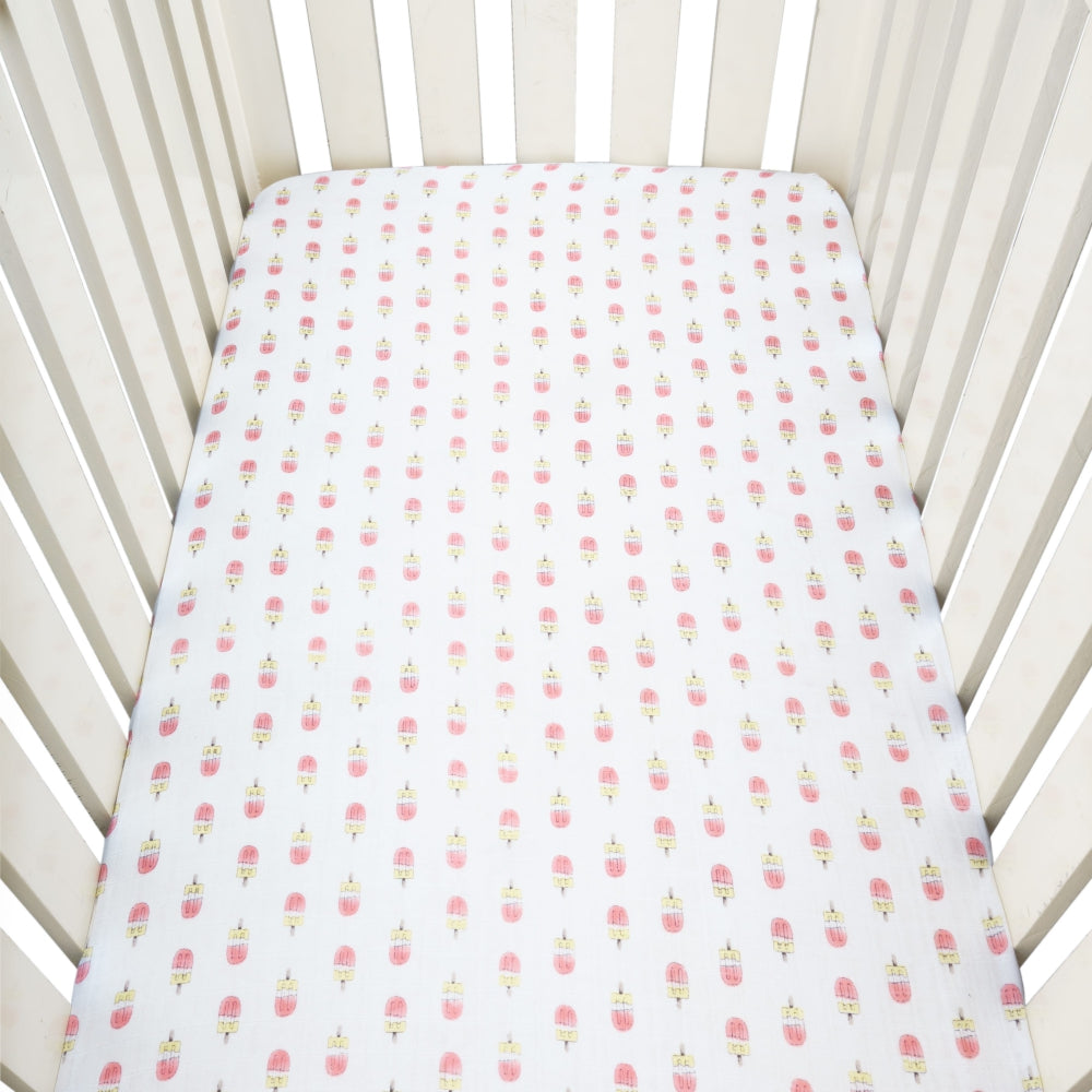 Theoni Popsicle Fun Pink Fitted Crib Sheet - 100% Organic Cotton Muslin Cot Sheet, Super Soft, Breathable, Smooth, Absorbent, Twill Fabric For Infants, Newborns, Babies & Toddlers