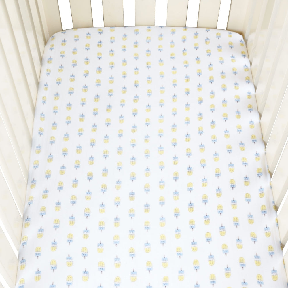 Theoni Popsicle Fun Blue Fitted Crib Sheet - 100% Organic Cotton Muslin Cot Sheet, Super Soft, Breathable, Smooth, Absorbent, Twill Fabric For Infants, Newborns, Babies & Toddlers