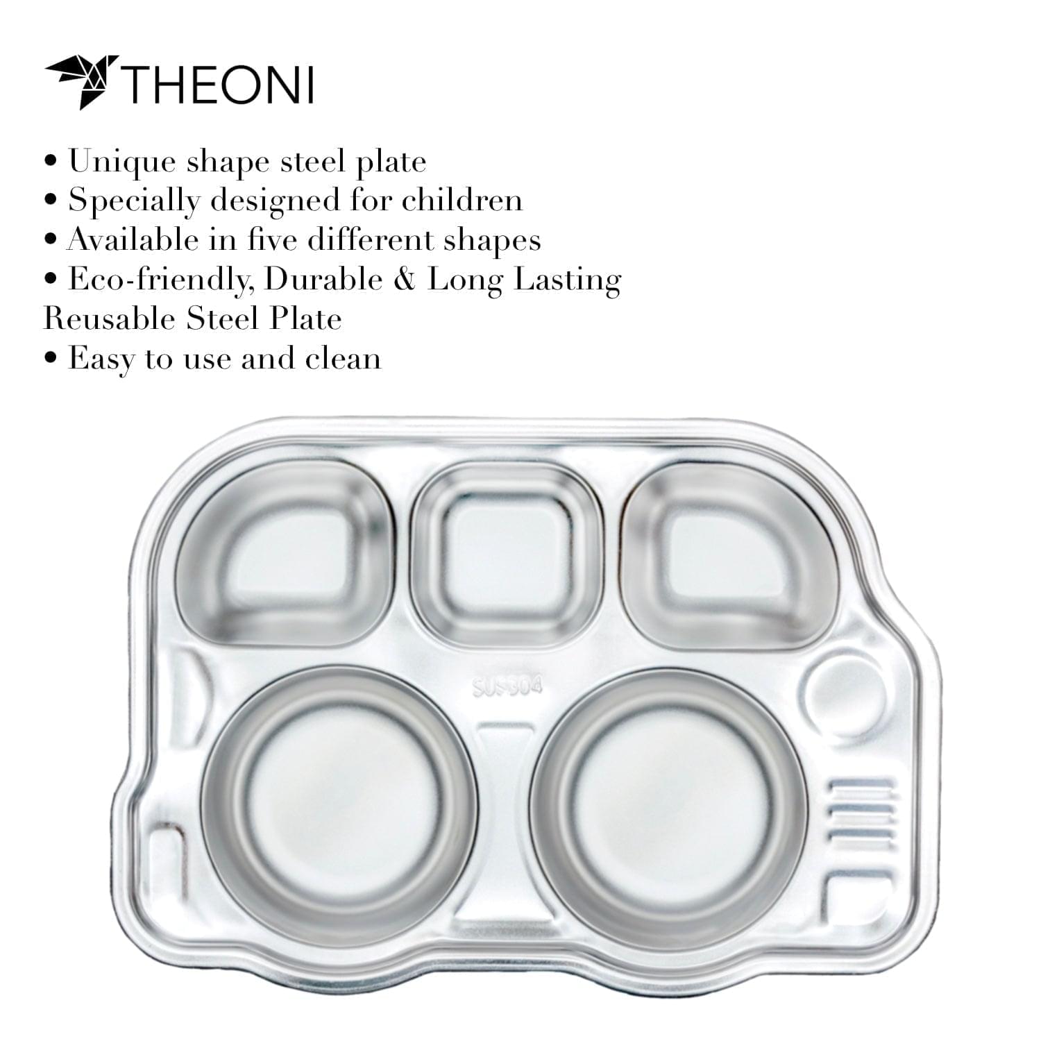 Theoni Stainless Steel Section Bus Shape Kids Plate / Portion Plate / Dinner Dish  - Bus Shape (Set of 2). Personalize With Name