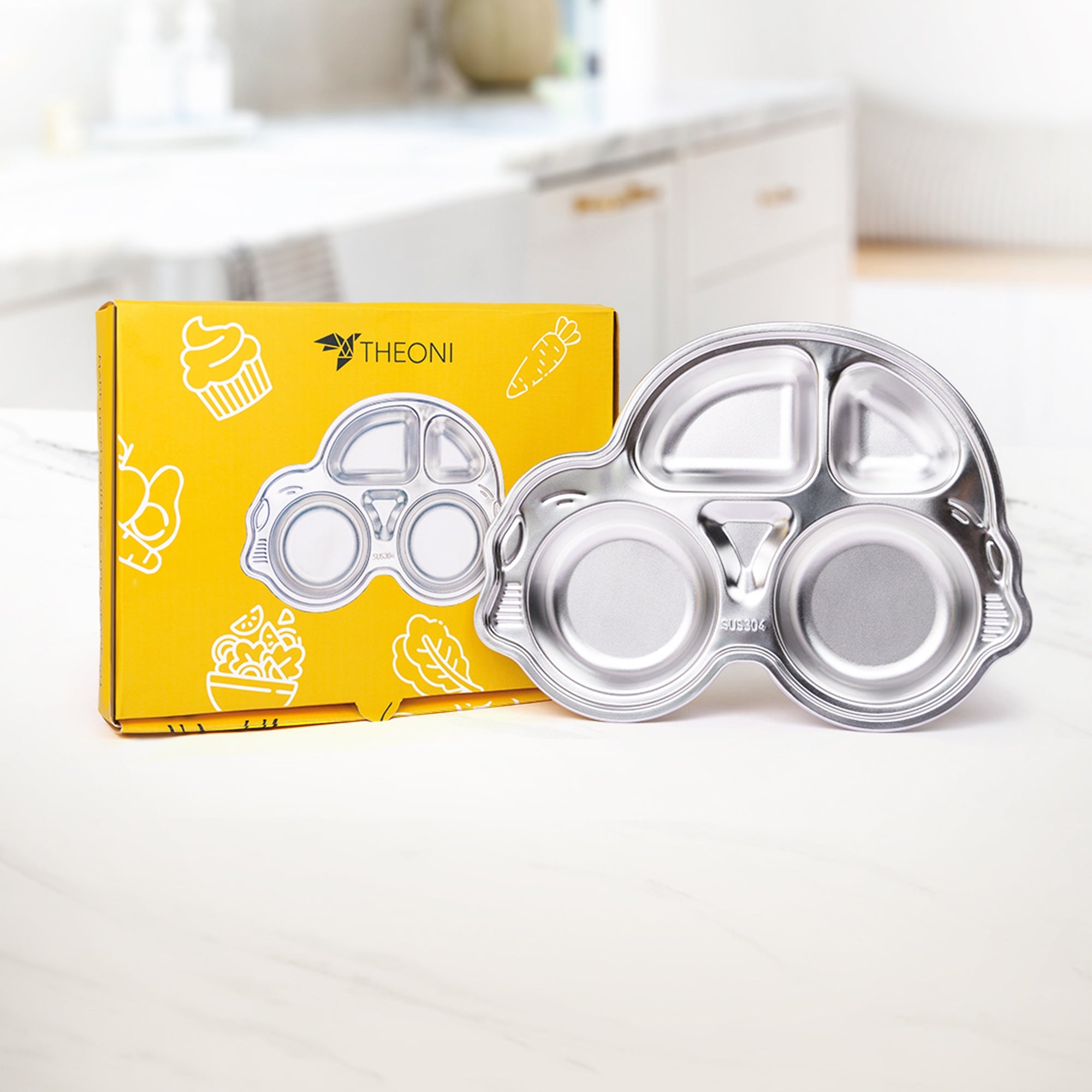 Theoni Stainless Steel Section Bus Shape Kids Plate / Portion Plate / Dinner Dish - Bus Shape. Personalize With Name