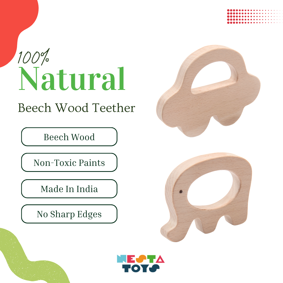 Wooden Car & Elefant Teether Set | Beech Wood Teether for Babies