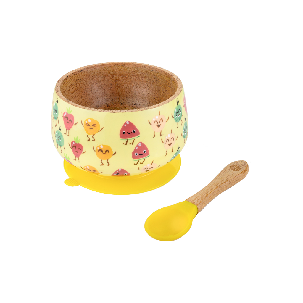 Truly Fruity Wooden Suction Bowl and Spoon Set - Yellow