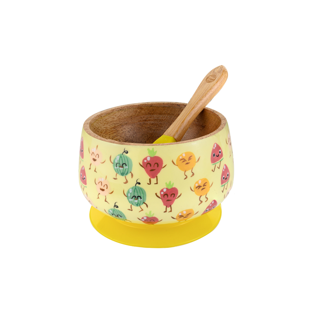 Truly Fruity Wooden Suction Bowl and Spoon Set - Yellow