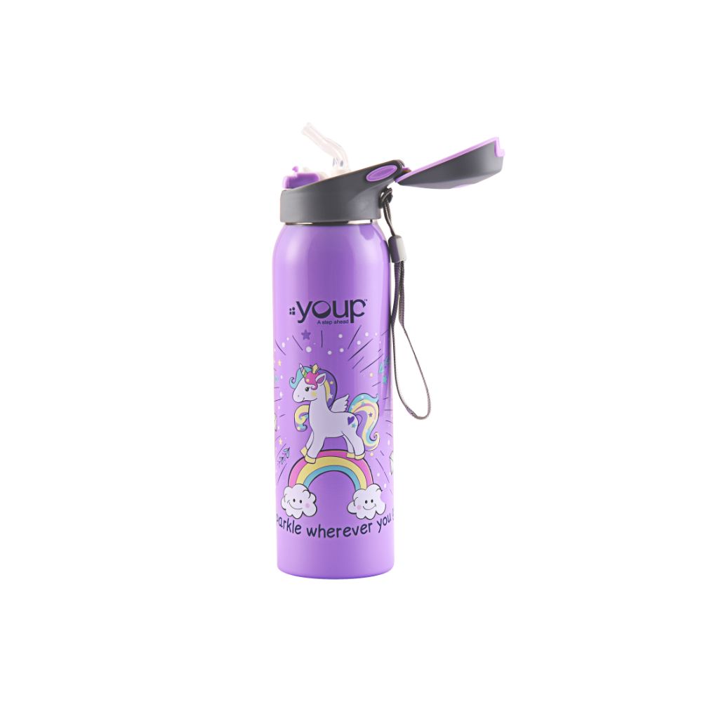 Youp Stainless Steel Insulated Mauve Color Unicorn Kids Sipper Bottle Gypsy - 500 Ml