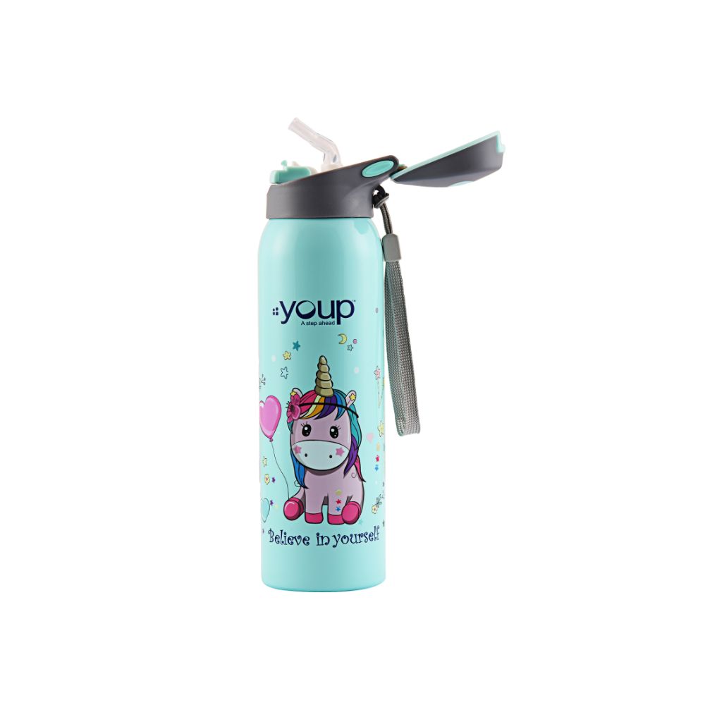 Youp Stainless Steel Insulated Sea Green Color Unicorn Kids Sipper Bottle Gypsy - 500 Ml