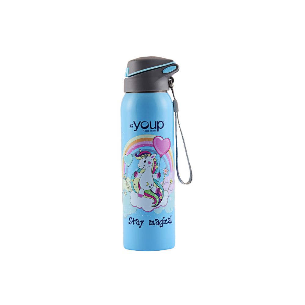 Youp Stainless Steel Insulated Sky Blue Color Unicorn Kids Sipper Bottle Gypsy - 500 ml