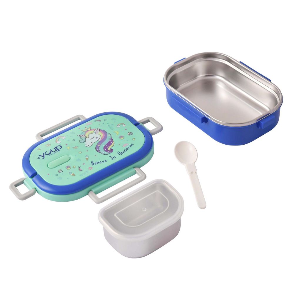 Youp Stainless Steel Blue Color Unicorn Theme Kids Lunch Box Carry - 700 Ml