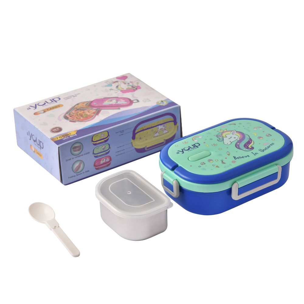 Youp Stainless Steel Blue Color Unicorn Theme Kids Lunch Box Carry - 700 Ml