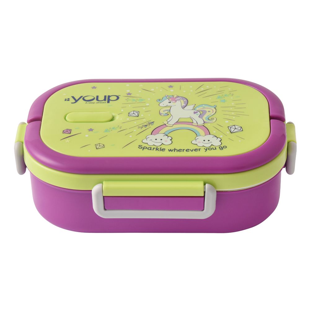 Youp Stainless Steel Green And Purple Color Unicorn Theme Kids Lunch Box Carry - 700 Ml