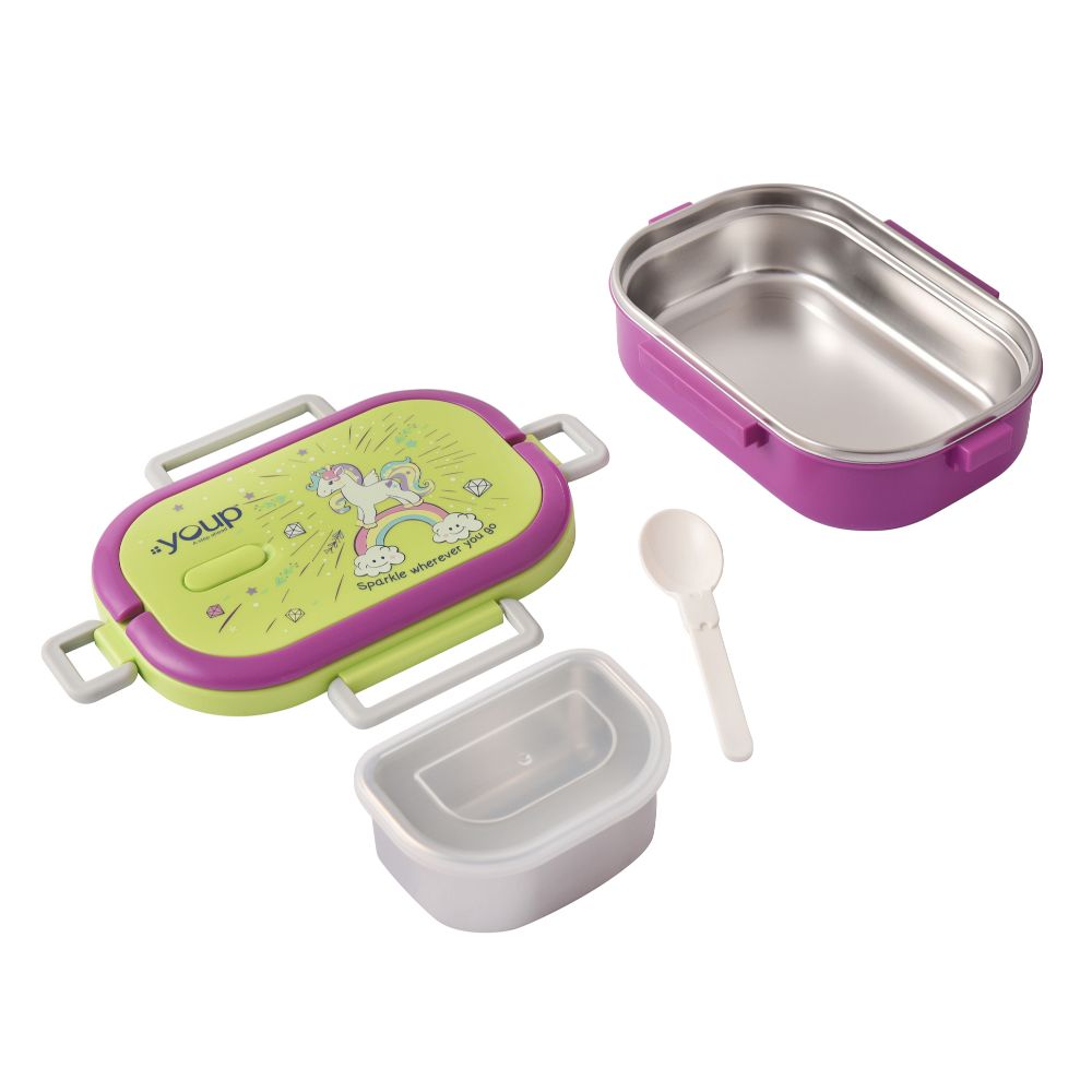 Youp Stainless Steel Green And Purple Color Unicorn Theme Kids Lunch Box Carry - 700 Ml