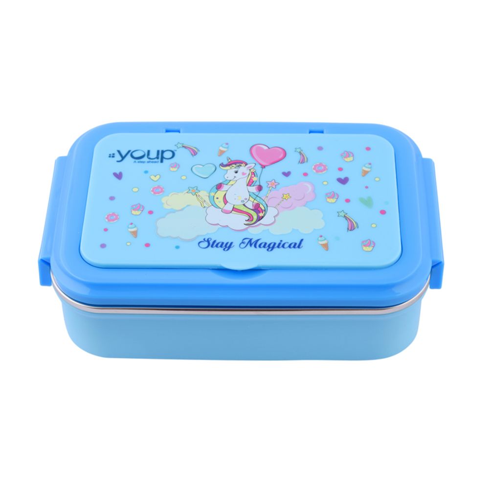 Youp Stainless Steel Blue Color Unicorn Theme Kids Lunch Box Crazy - 850 Ml