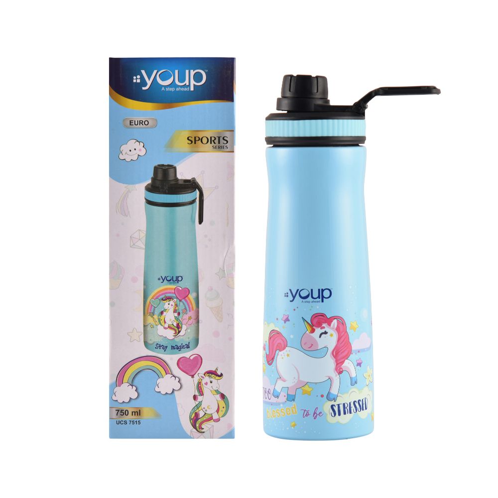 Youp Stainless Steel Blue Color Unicorn Kids Water Bottle Euro - 750 Ml