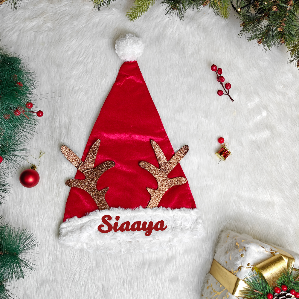Personalised Reindeer Velvet Santa Caps (Adults)