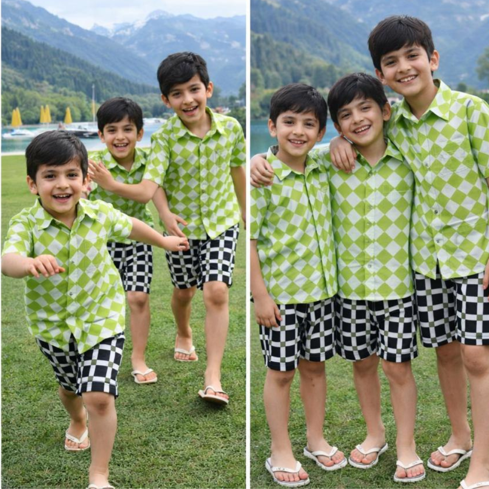 Cotton Printed Checked Shirt with Shorts