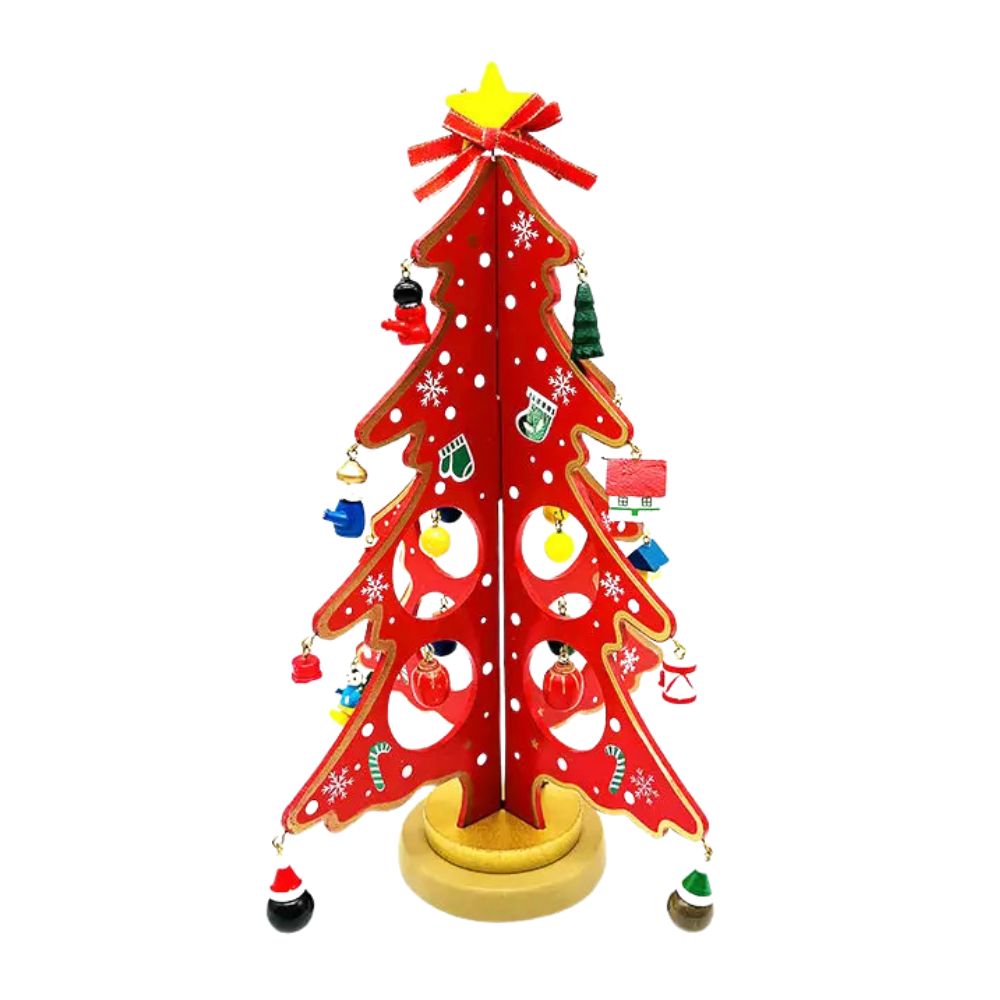 Wooden DIY 3D Winter Wonderland Tabletop Tree With 20 Ornaments (Red)