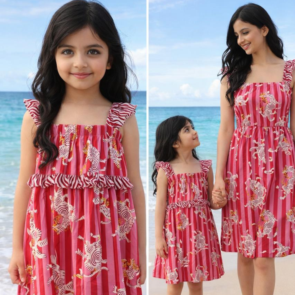 Printed cotton sleeveless dress. Detailed with frils on shoulder and waist