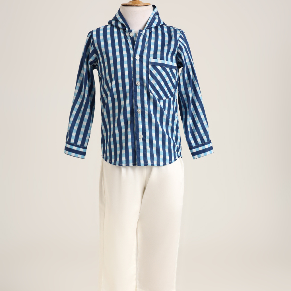 Cotton checks shirt with Hoodie. Shorts not included