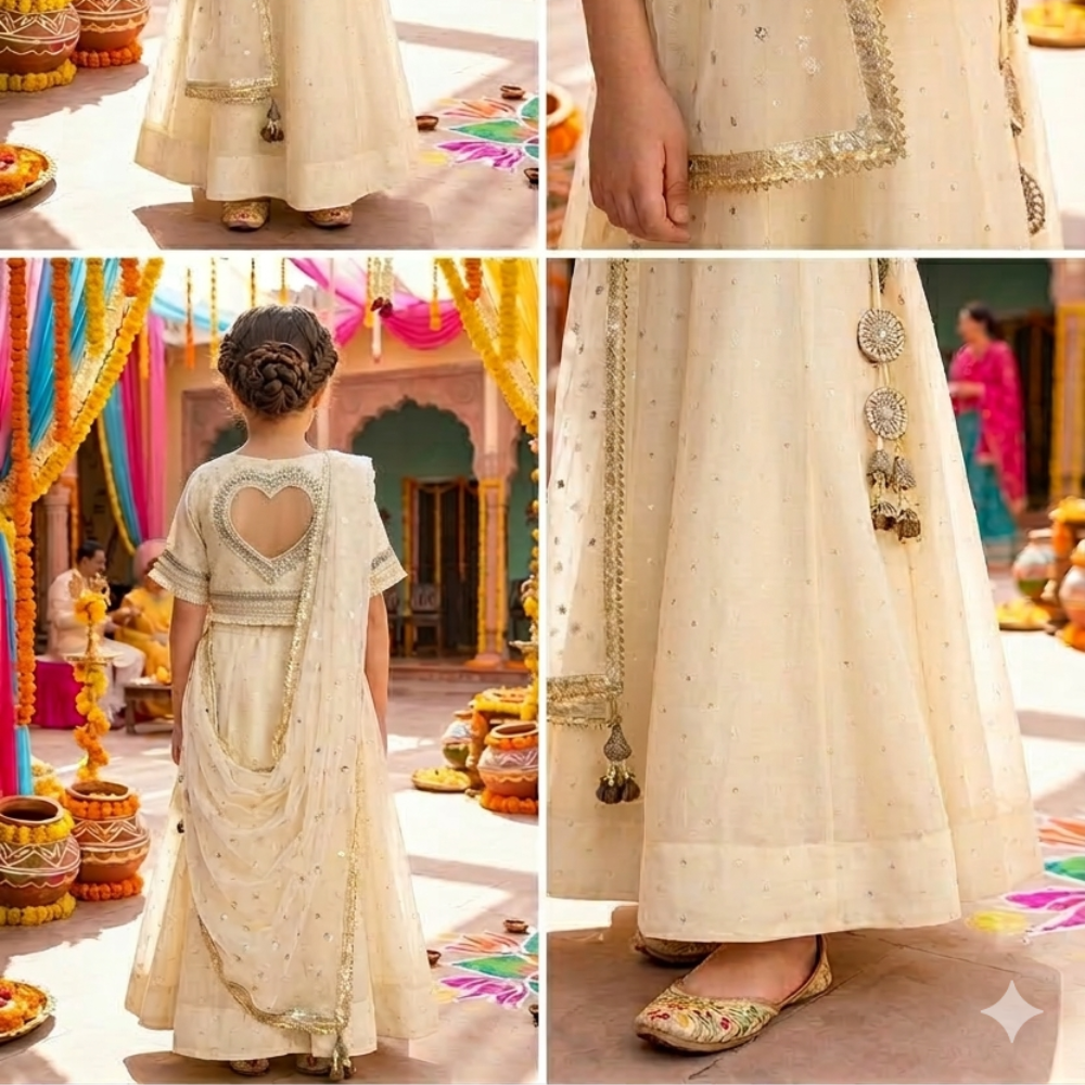 Chanderi Jacket style choli paired with a chanderi lehnga with sequin emb and Soft Net Dupatta.