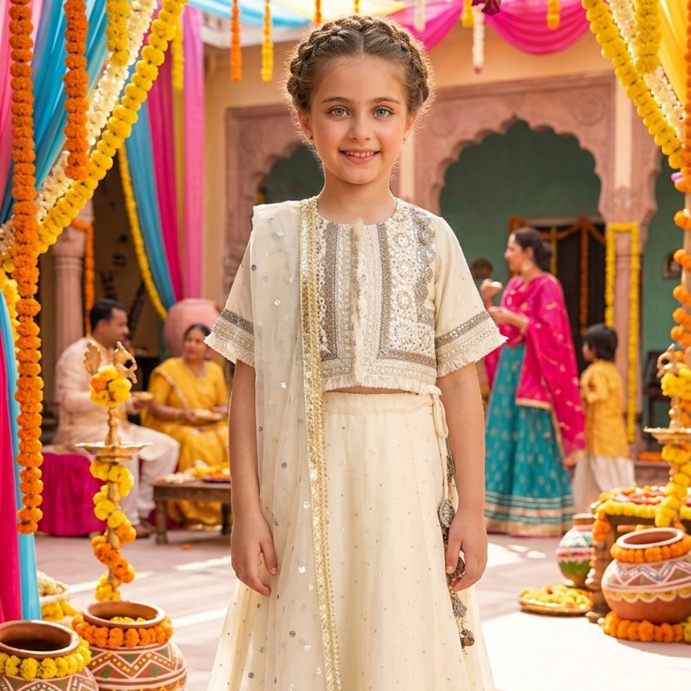 Chanderi Jacket style choli paired with a chanderi lehnga with sequin emb and Soft Net Dupatta.