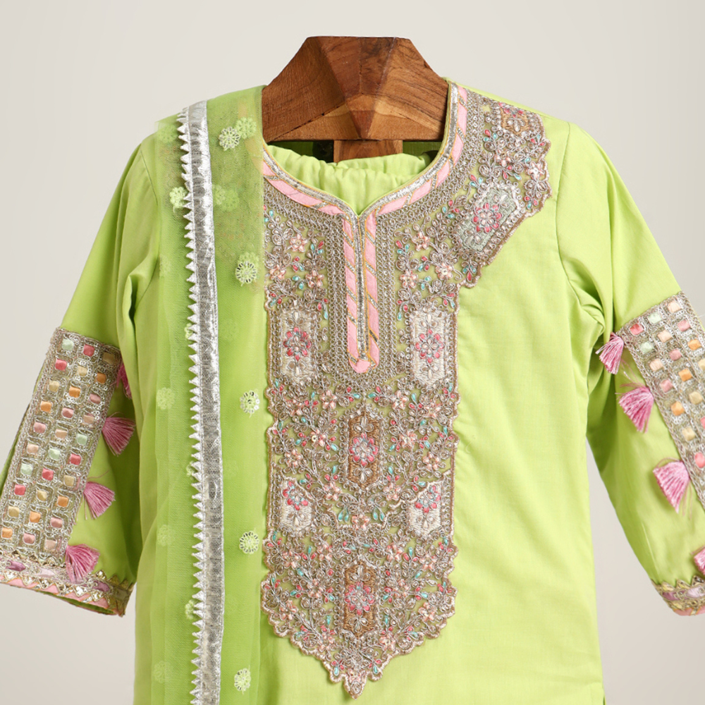 Mulmul Plain Kurta and Sharara paired with Soft Net dupatta