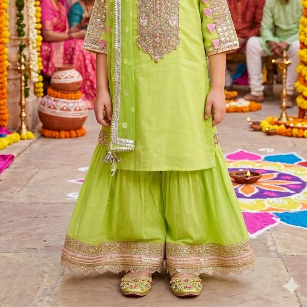 Mulmul Plain Kurta and Sharara paired with Soft Net dupatta