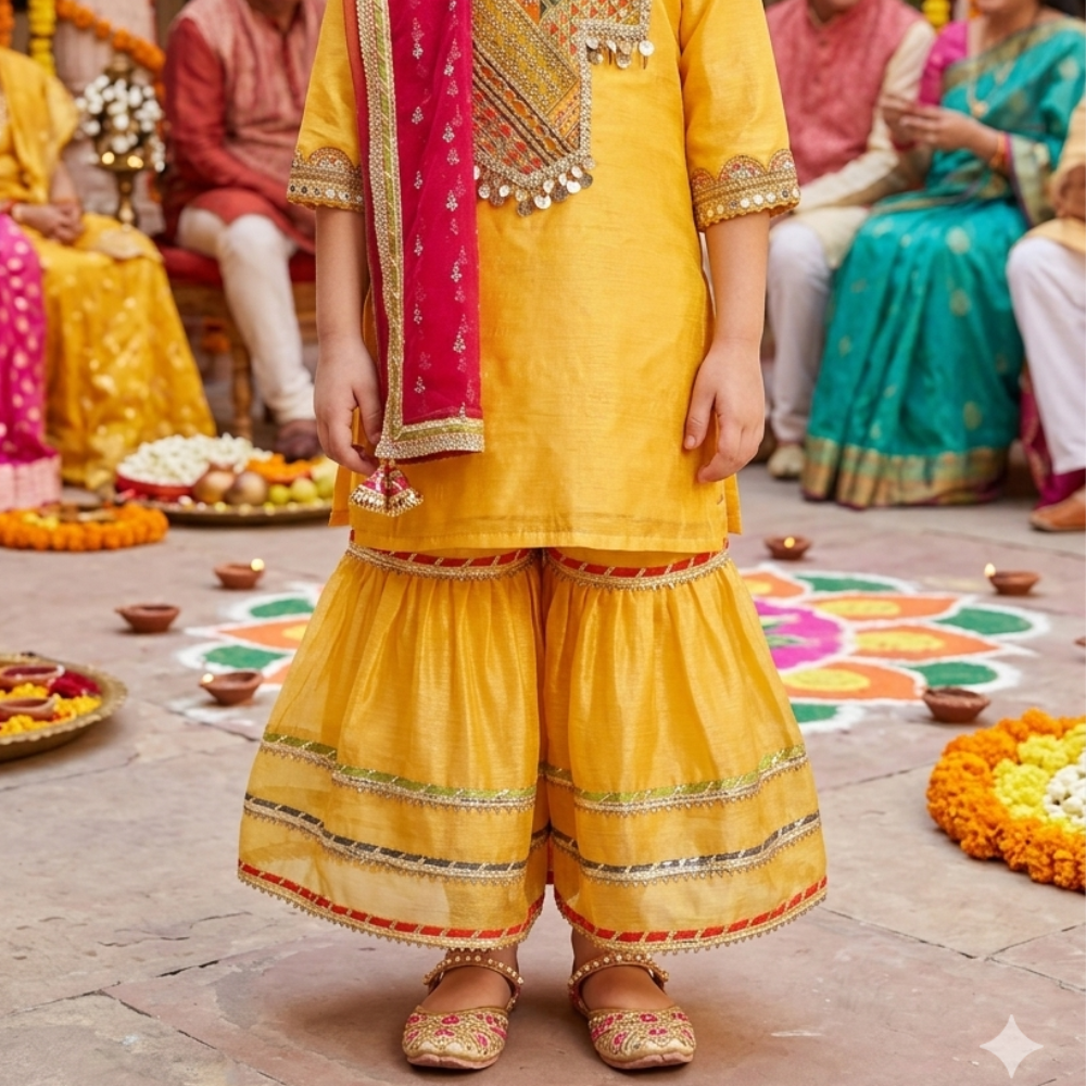 Chanderi Plain Kurta and Sharara paired with Soft Net dupatta