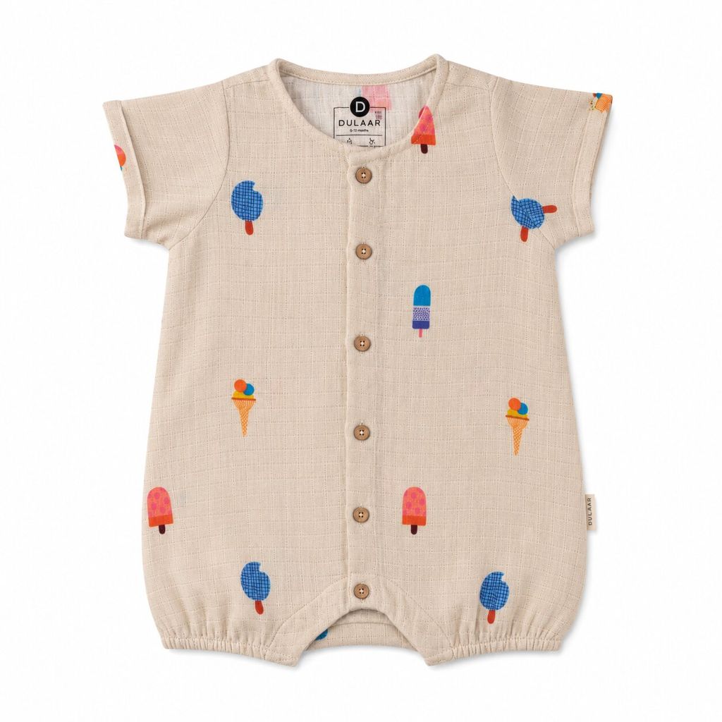 Beige baby romper with colorful ice cream pattern on a white background