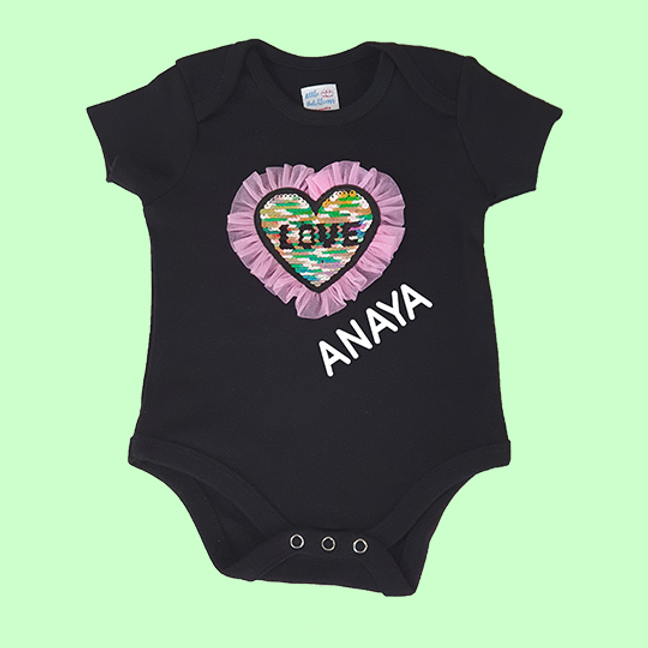 Valentine Special Sequin Applique With Frill Personalised Onesie - Black