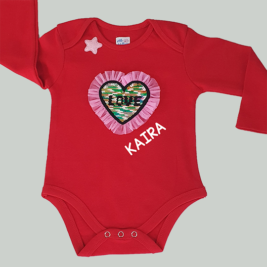 Valentine Special Sequin Applique With Frill Personalised Onesie - Red