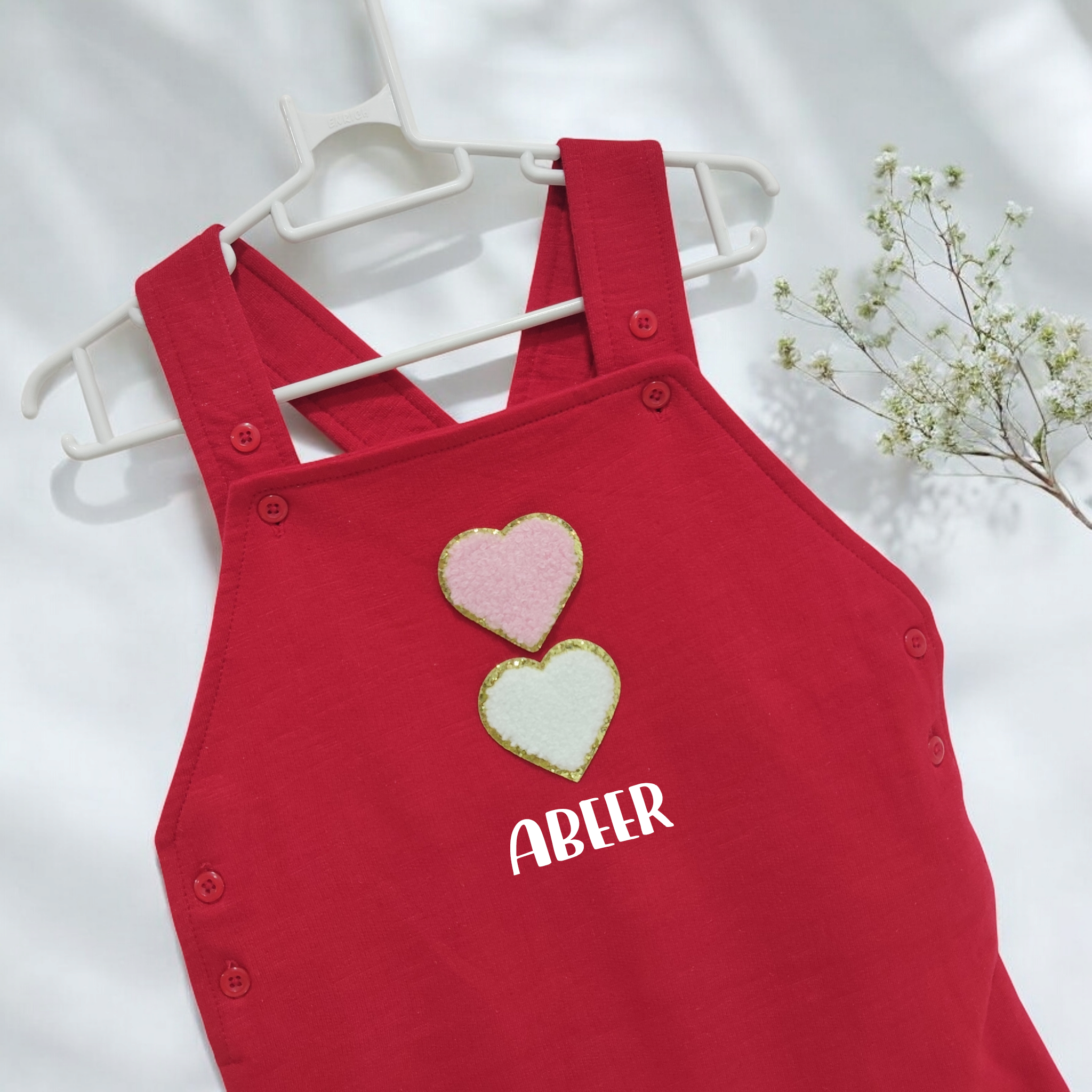 Red Dungaree (2 Heart Patches & Name)