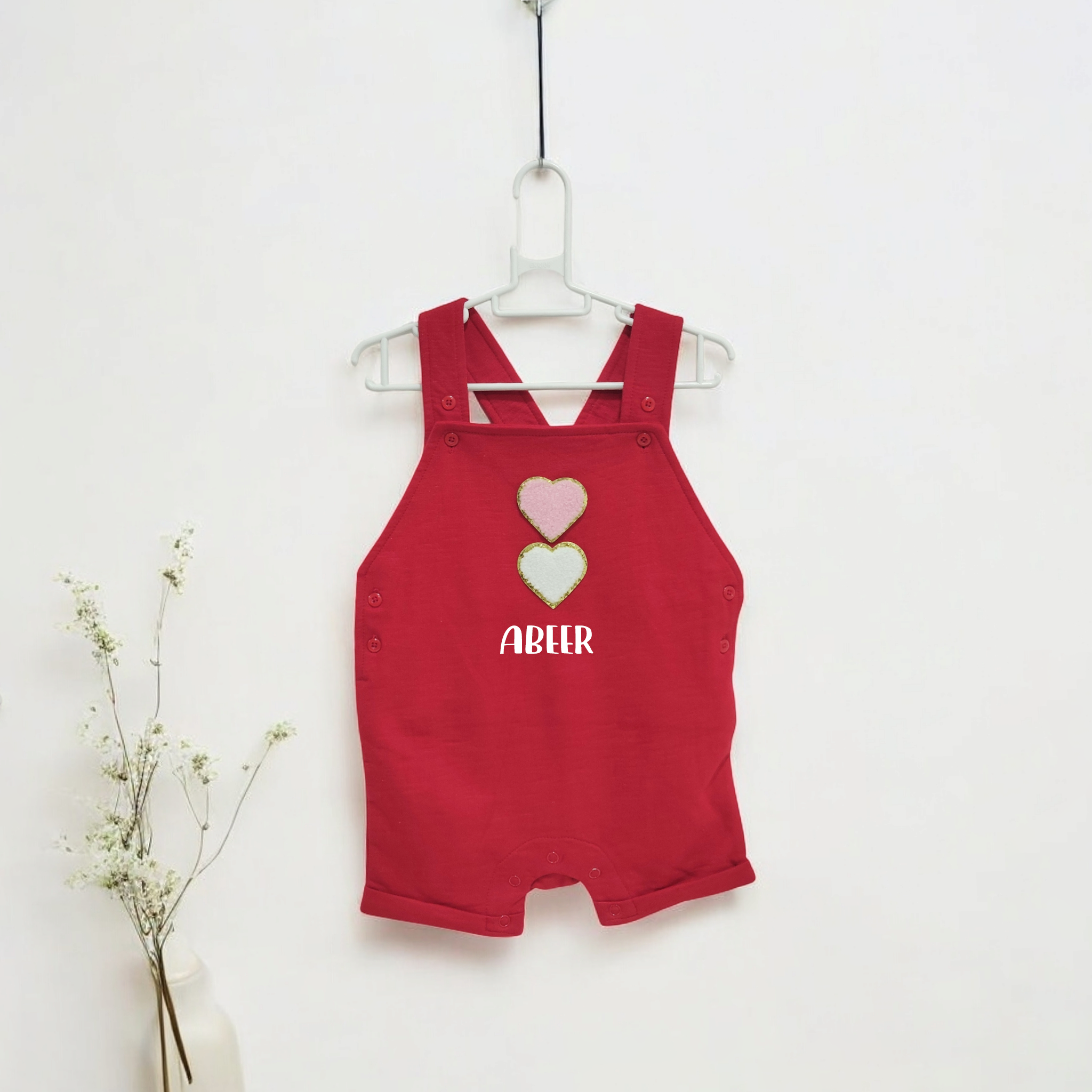 Red Dungaree (2 Heart Patches & Name)