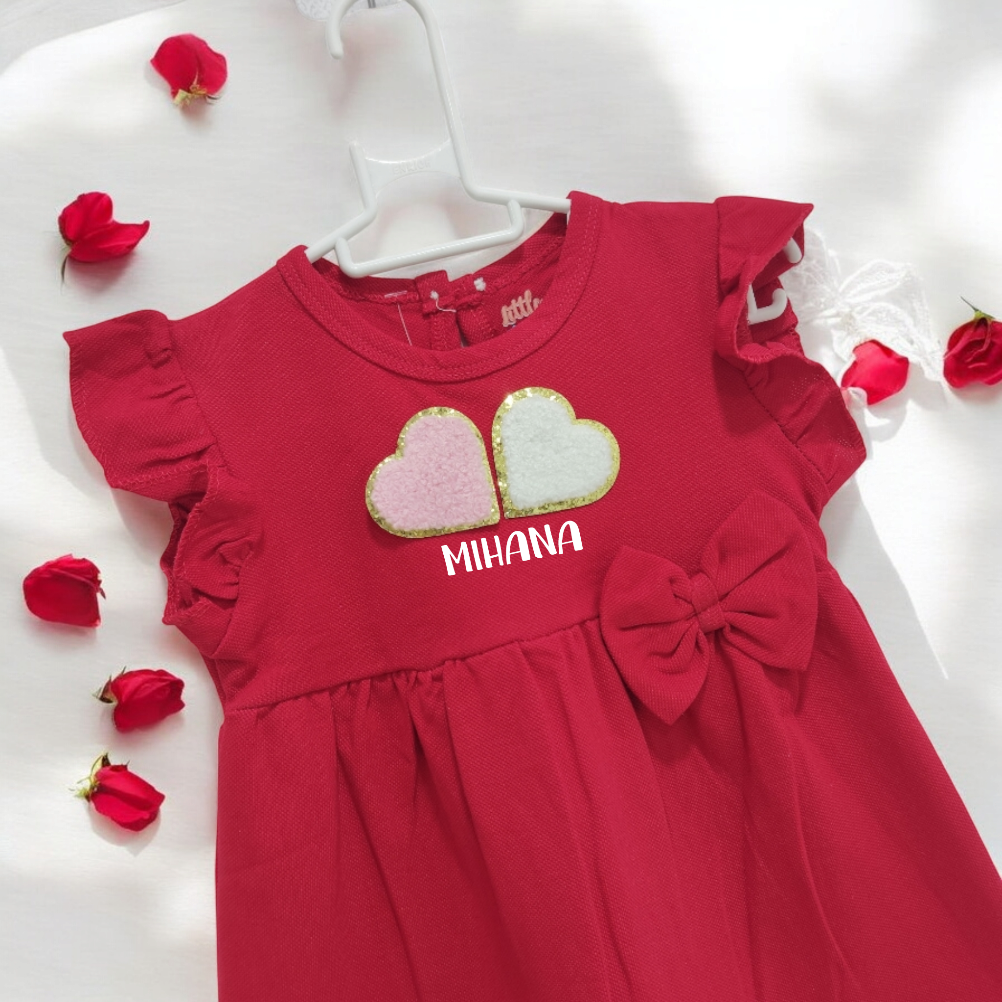 Red Frock - 2 Heart Patches & Name