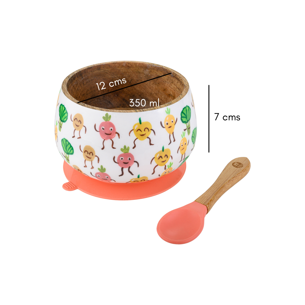 Veggie Delight Wooden Suction Bowl and Spoon Set - Orange