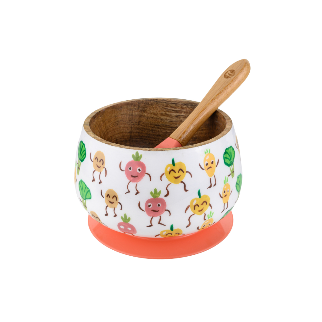 Veggie Delight Wooden Suction Bowl and Spoon Set - Orange