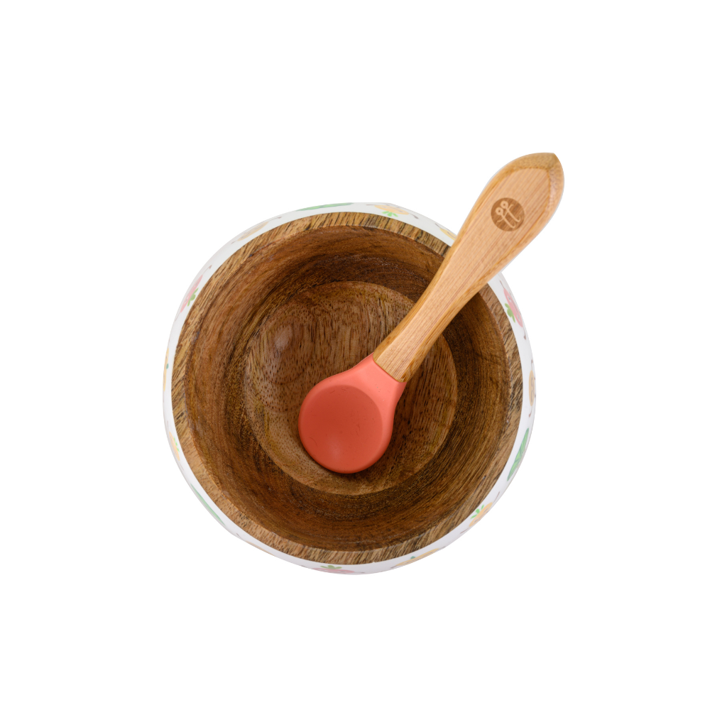 Veggie Delight Wooden Suction Bowl and Spoon Set - Orange