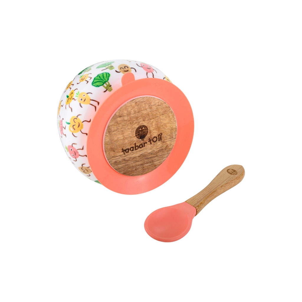 Veggie Delight Wooden Suction Bowl and Spoon Set - Orange