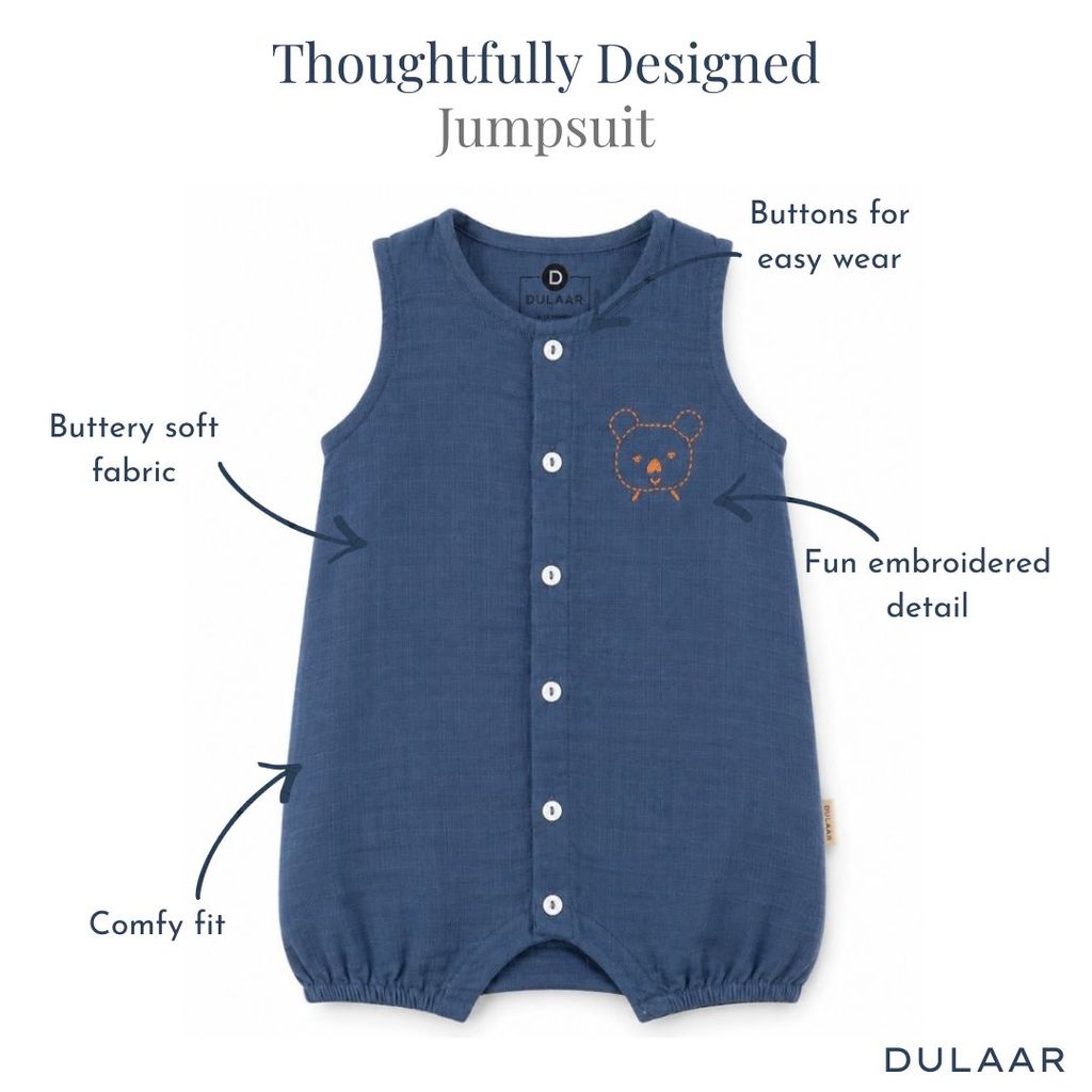 Blue baby jumpsuit with buttons and bear embroidery on a white background, featuring text describing its features.