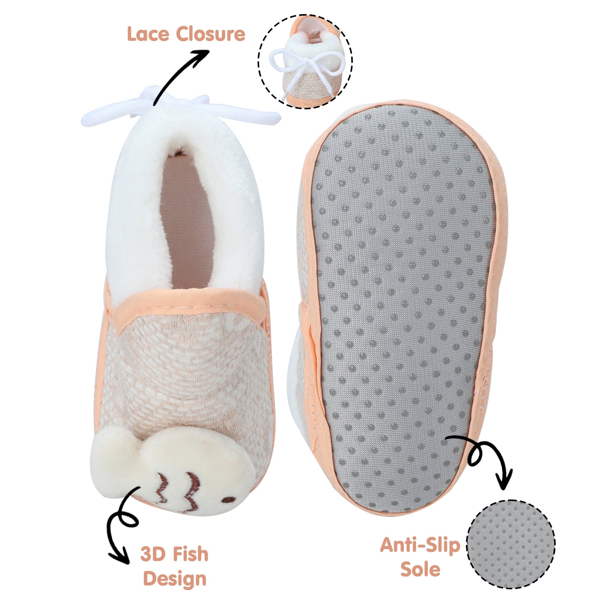 Baby Moo 3D Fish Soft Slip-On Anti-Skid Plush Warm Booties - Beige