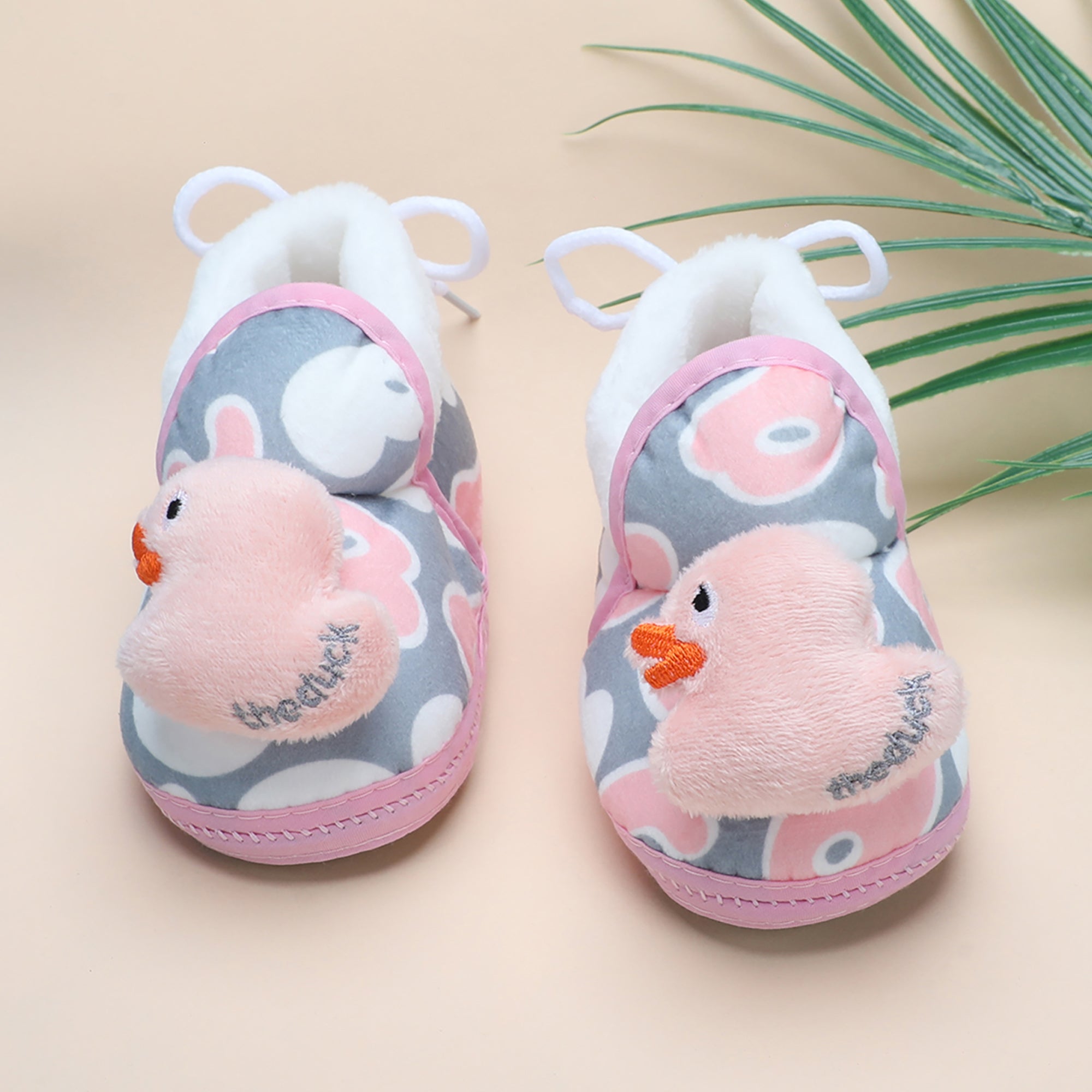 Baby Moo 3D Ducky Duck Soft Slip-On Anti-Skid Plush Warm Booties - Peach