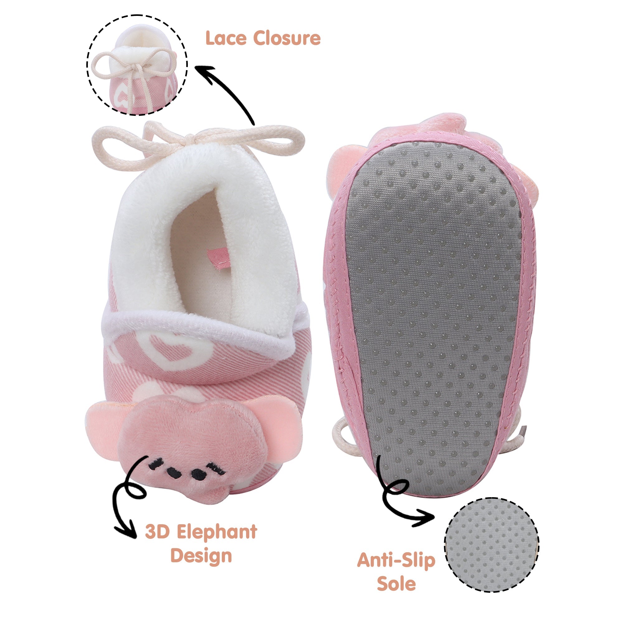 Baby Moo 3D Elephant Soft Slip-On Anti-Skid Plush Warm Booties - Pink