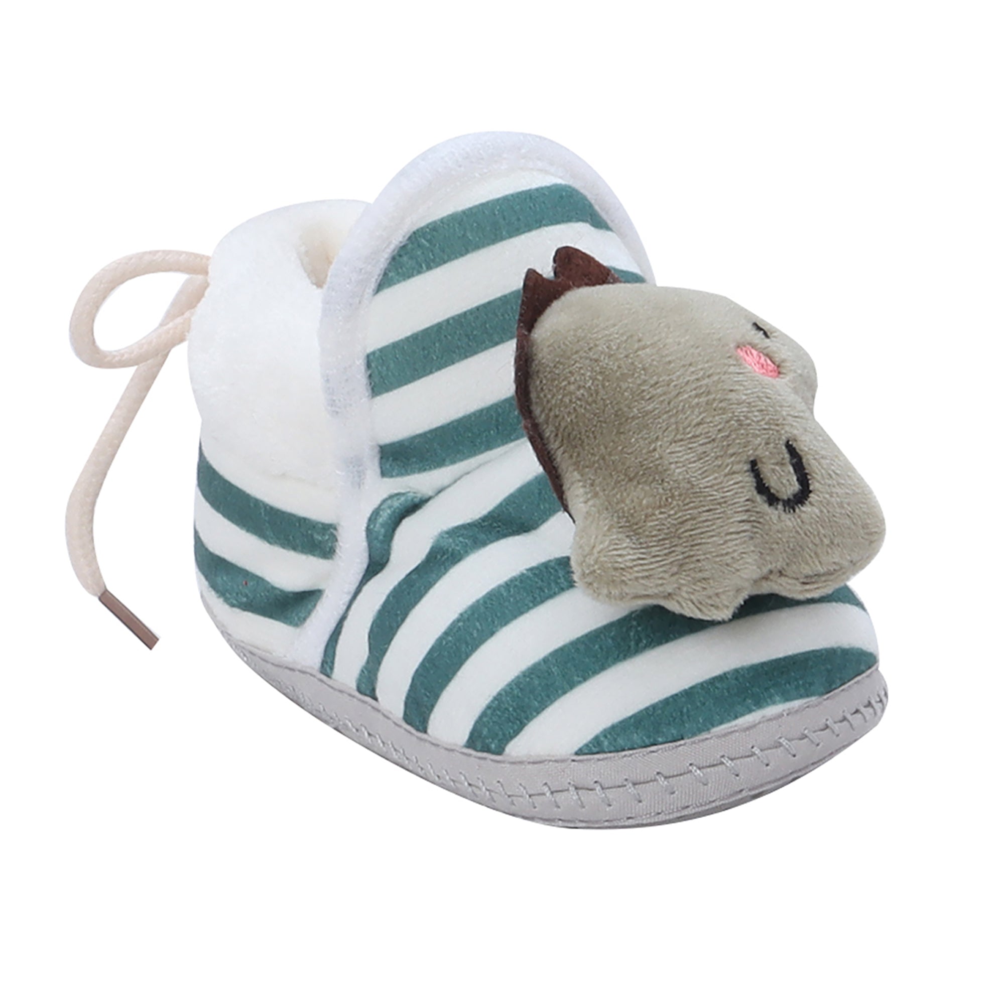 Baby Moo 3D Dino Striped Soft Slip-On Anti-Skid Plush Warm Booties - Green