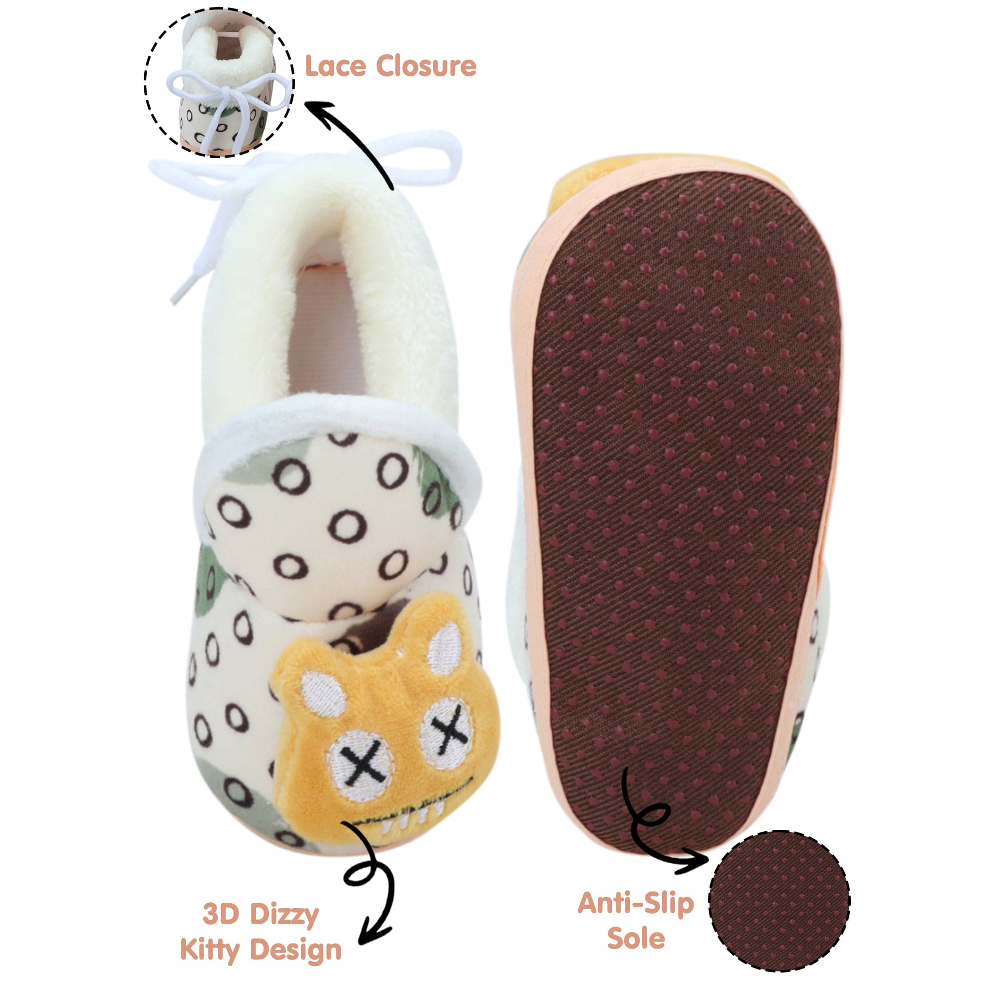 Baby Moo 3D Dizzy Cat Soft Slip-On Anti-Skid Plush Warm Booties - Beige