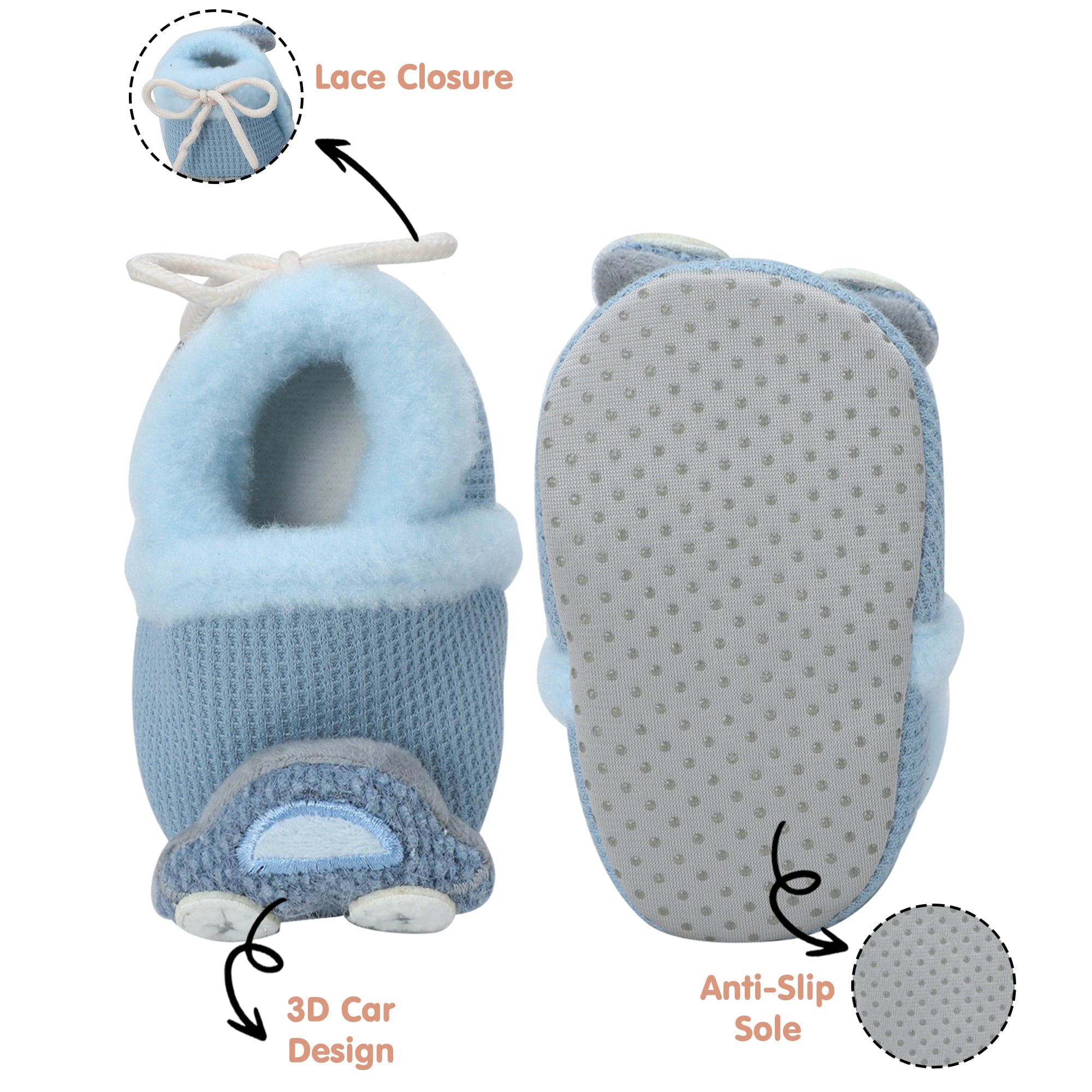 Baby Moo 3D Car Soft Slip-On Anti-Skid Plush Warm Booties - Blue