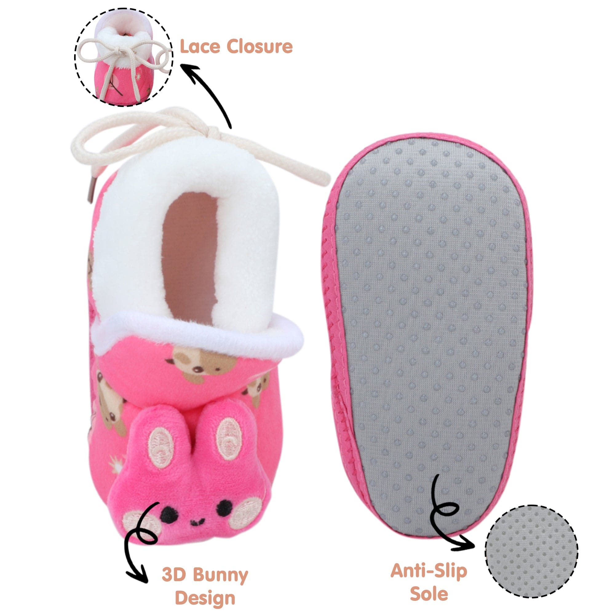 Baby Moo 3D Hunny Bunny Soft Slip-On Anti-Skid Plush Warm Booties - Pink