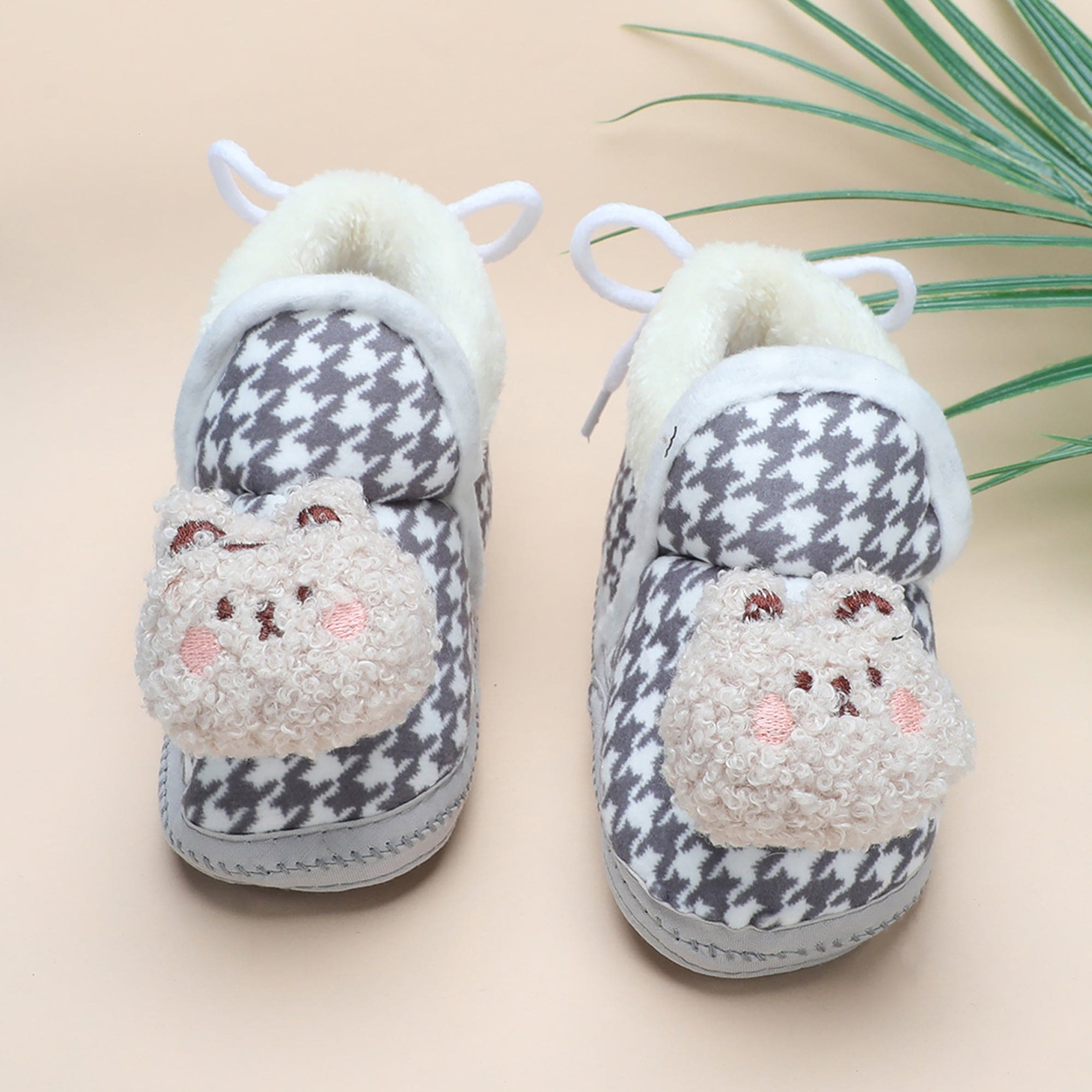 Baby Moo 3D Poodle Dog Houndstooth Soft Slip-On Anti-Skid Plush Warm Booties - Grey