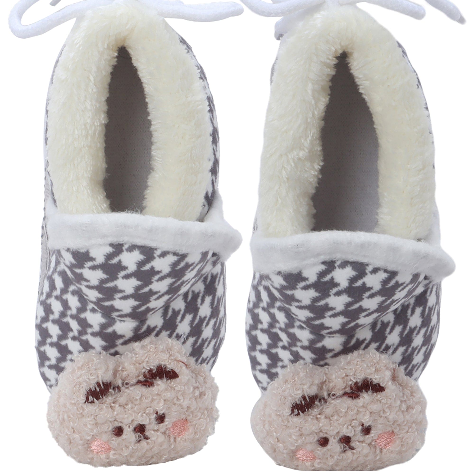 Baby Moo 3D Poodle Dog Houndstooth Soft Slip-On Anti-Skid Plush Warm Booties - Grey